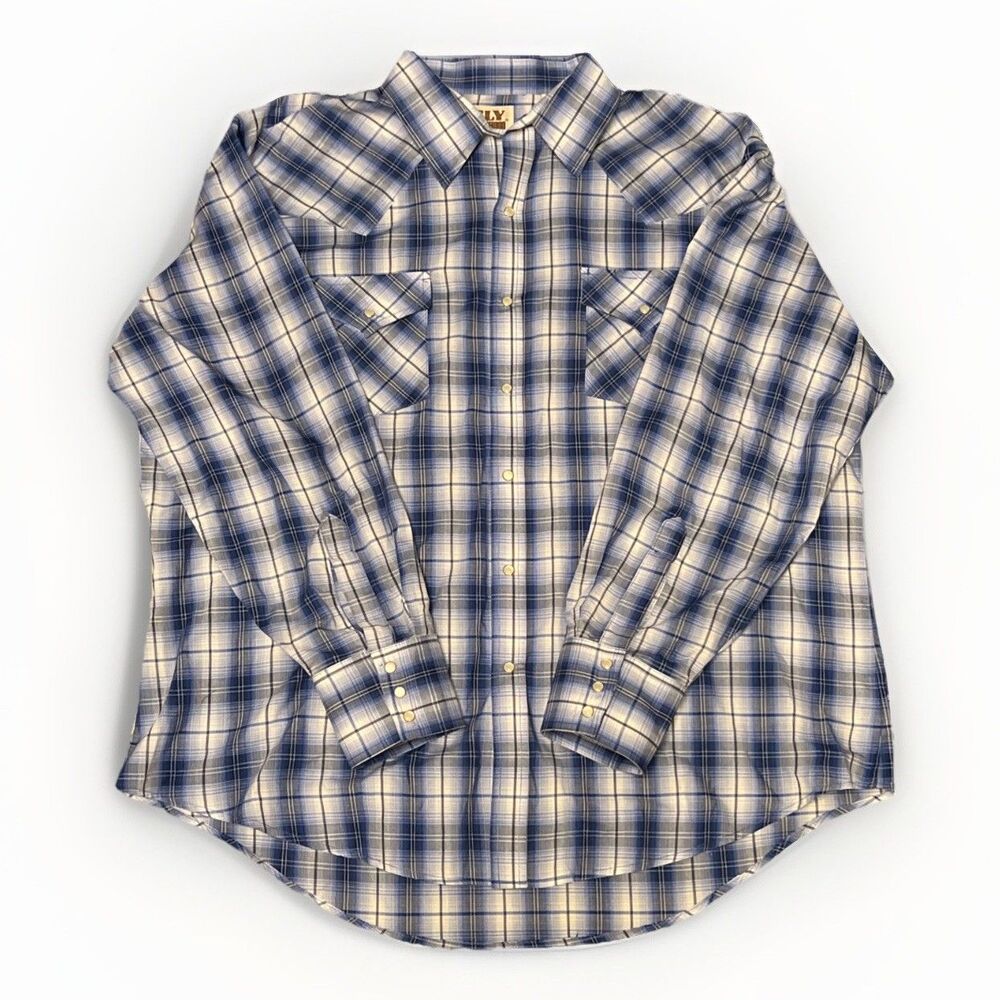Ely Cattleman Shirt Mens 2XL Blue Plaid Long Sleeve Western Snap Pockets
